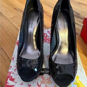 Chinese Laundry Black Lace Peep-Toe Heels